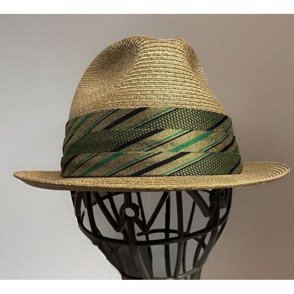 Dobbs Straw Fedora 7 1/8 Wide Green Hat Band Trilby Summer 60s Gentlemen Panama - Picture 5 of 12